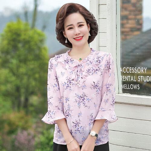 Women Chiffon Summer Shirts Loose Casual Ruffle Tops Elegant Print Lotus Sleeve V-Neck Blouses Floral Blusas MM1063