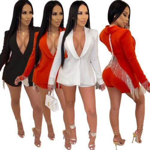 Two Pieces Set For Women Sexy V-neck Tassel Tops And Elastic Waist Shorts Ladies Clubwear Clothing Sets