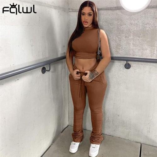 FQLWL Streetwear 2 Two Piece Sets Tracksuit Women Outfits Sleeveless Crop Top Stacked Pant Suits White Sporty Matching Sets 2021