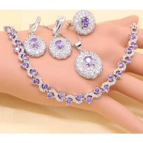 Purple Cubic Zirconia White Crystal Silver color Bridal Jewelry Sets For Women Necklace Pendant Earrings Rings Bracelet