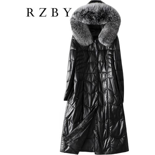 Long women style 100% real Sheepskin leather coat 2021 down jacket female Haining natural fox fur collar hooded long jacket