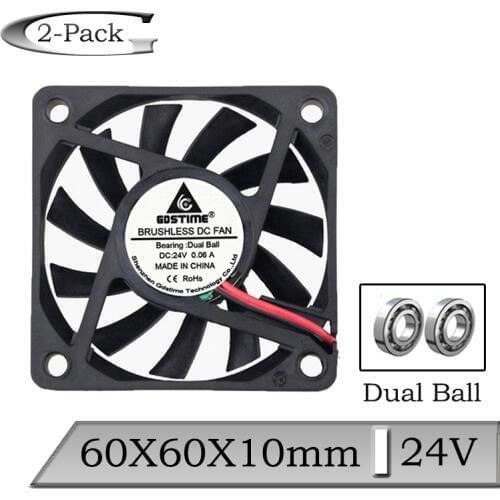2Pcs Gdstime DC 24V 60x60x10mm 60mm Dual Ball Bearing Computer CPU Cooling Fan 6cm 2Pin Brushless Cooler Fan