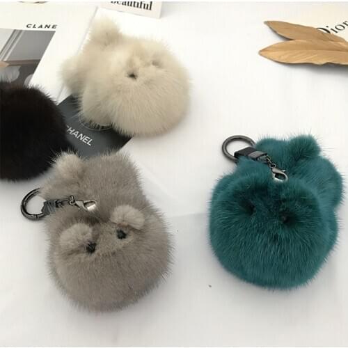 3color Optional Little Hippo Keychain Real Mink Fur Cute Key Metal ring Women girls Bag Ornament Toys Emo Jewelry Trinket Gifts