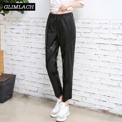 Soft Sheepskin Real Leather Pants Women Black Slim Genuine Leather Trousers Elastic Waist Harem Pencil Pant Ladies Streetwear