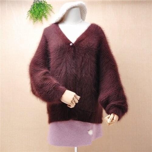 Elegant fashion women female deep v-neck mink cashmere thick warm striped loose batwing sleeves cardigans angora fur winter coat