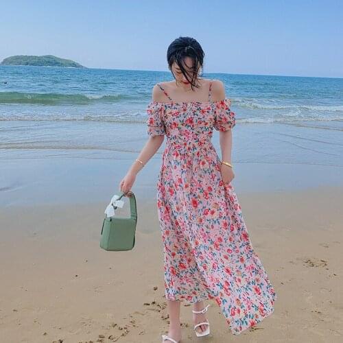 Summer Women Off-The-Shoulder Puff Sleeves Elegant Party Casual Beach Dress Vintage Korean Runway Sling Vestidos