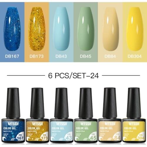Mtssii 2/6 Pcs Gel Nail Polish Set 136Color Glitter Semi Permanent Hybrid Gel Varnish Base Top Coat Soak Off UV LED Nail Art