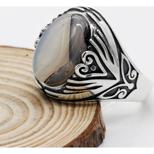 Natural Agate Men Ring 925 Sterling Silver with Oval Big Onyx Ring Thai Silver Ring Peace Design for Male Women Turkish Jewelry