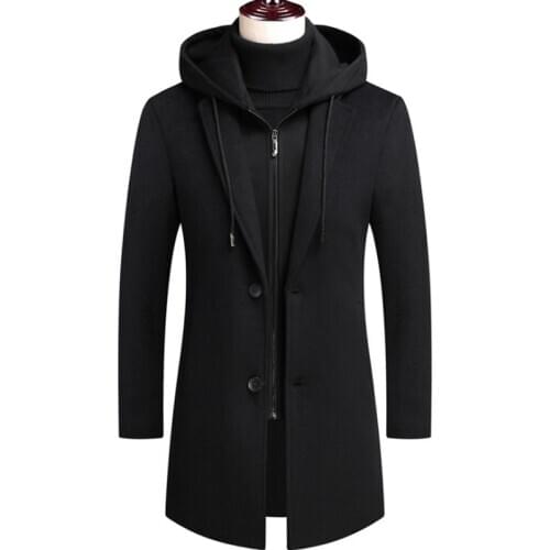 New Men Winter Wool Coat Thick Hooded Men Wool Blends Coats British Style Long Windbreaker Jacket Woolen Overcoats