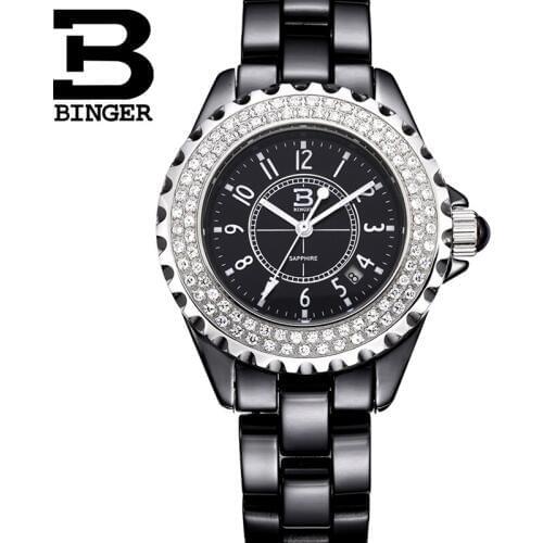 New Luxury Brand Wristwatches Binger Switzerland Space Ceramic quartz Womens Watches Water Resistant Female clock B8008A-2