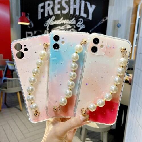 Resin Pearl Wrist Chain Refreshing Case for iPhone 12 Pro Max Back Phone Cover for 12 11 Pro Max X XS XR 8 7 Plus SE 2020
