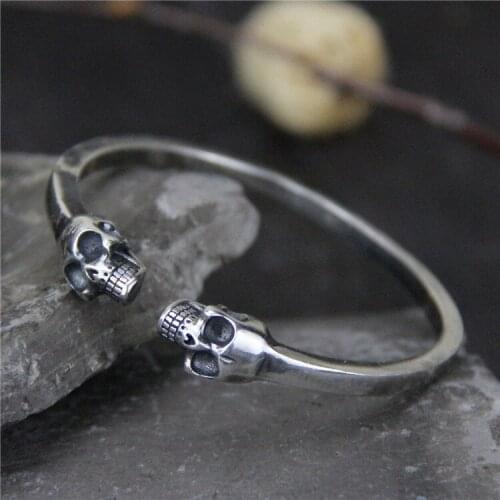S925 Sterling Silver Domineering Double Skull Open Ended Men And Women Retro Thai Silver Solid Bangle