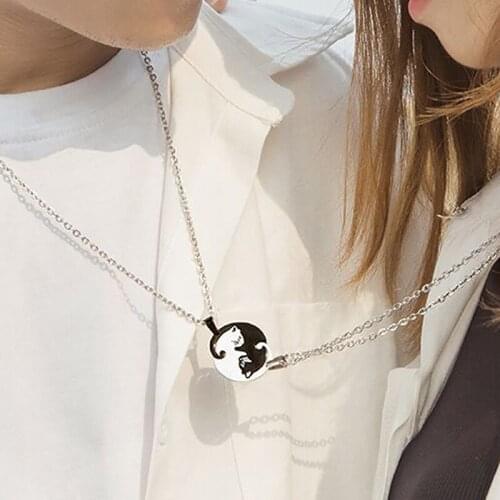 Cute Cat Couple Necklaces Chinese Yin Yang Taichi Bring Luck Pendant Necklace Stainless Steel Jewelry Lover Ornaments Gifts