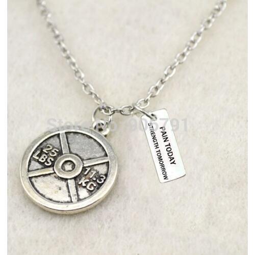 Antique Silver plated 25LBS weight plate and PAIN TODAY STRENGTH TOMORROW charms necklace