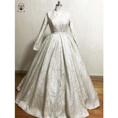 Classic Design High Collar Bling Bling Glitter Fabric Long Sleeve Keyhole Back Floor Length Muslim Prom Dresses