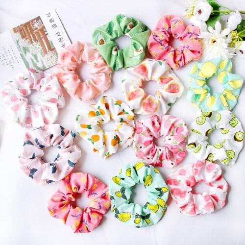 Korea Sweet Cute Avocado Fruit Print Floral Scrunchies For Women Hair Accessories Elastic Hair Rubber Band Hair Rope Hair Ring