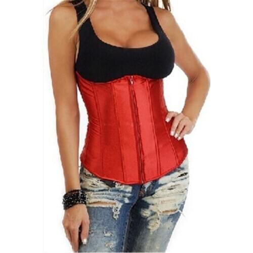 Sexy Zipper Front Lace Up Overbust Corsets Women Bustier Waist Trainer Belt Body Shaperwear Underbust Corsets Red Pink Korsett