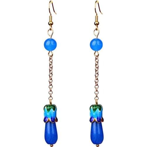 Jade Stone Flowers Drop Earrings Blue Amulet Fashion Natural Charm Jewelry Gifts for Women Her