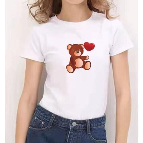 KawaII Bear Print Women T Shirt Summer Short Sleeve Casual O Neck White T-Shirts Oversized Lady Girls Fashion Tees Streetwears