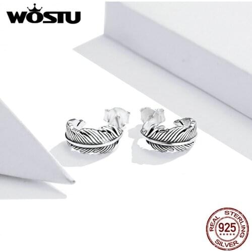 Wostu 925 Sterling Silver Jewelry Dazzling Oxidized Light Feather Stud Earrings for Women Girls Gift Statement Jewelry DXE923
