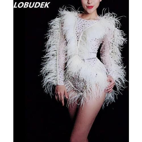 Women Singer Sexy Fashion Stage Wear White Feathers Sleeve Pearl Crystals Bodysuit Party Show Dancer Performance Dance Costume