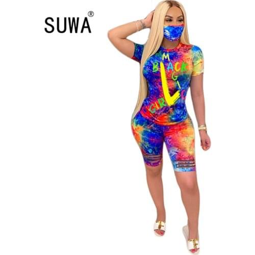 2020 Women new summer letter print short sleeve t-shirt knee length shorts suit two piece set sporting tracksuit outfit