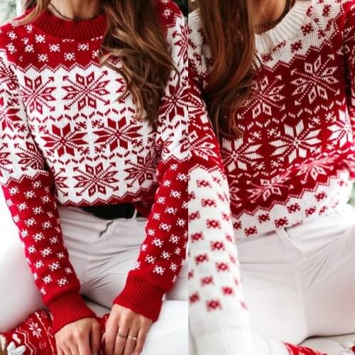 Women Winter Christmas Long Sleeve Sweater Geometric Snowflake Knitted Pullover Tops Round Neck Casual Loose Jumpers