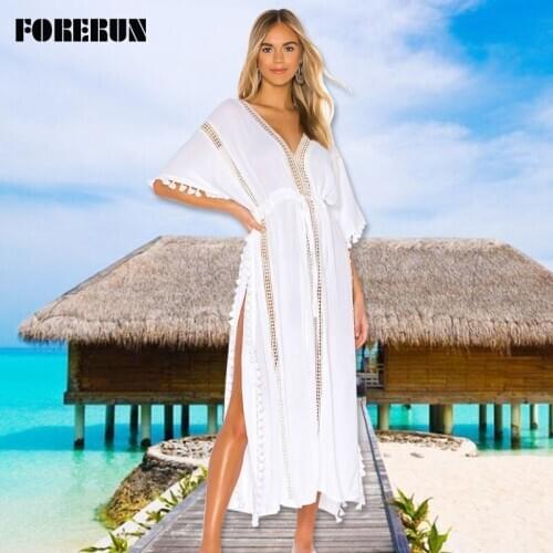 FORERUN White Beach Dress Women Tassel Cover Up Summer Chiffon Long Maxi Hollow Out Dresses Beachwear Pareos De Playa Mujer