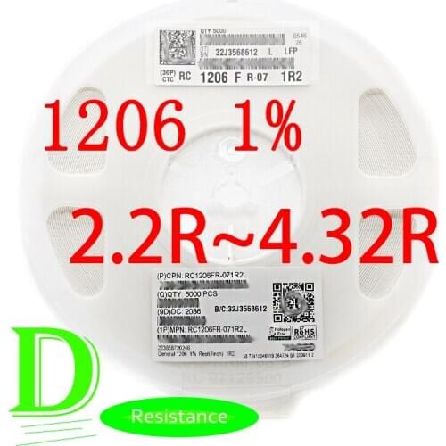 100PCS SMD Resistor RC Series 1206 1% Original RC1206FR-07 Series 2.2R-4.32R All resistors 2.2R 2.4R 2.7R 3R 3.3R 3.6R 3.9R 4.3R