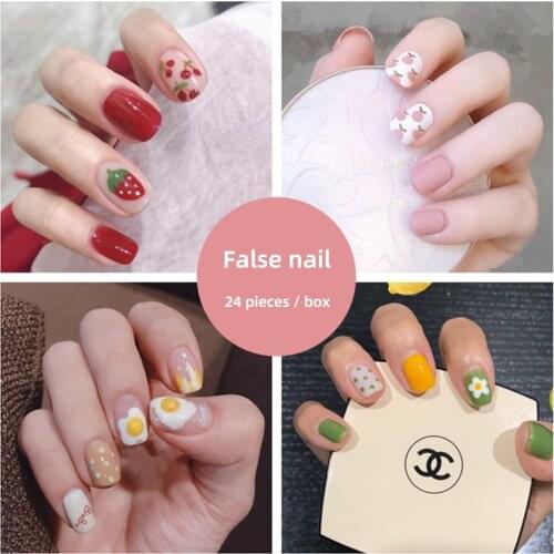 24pcs Detachable Simple Fake Nail Pink Red Art Finished Round Short Paragraph Square Head Nail Patch with Glue Press on Nails