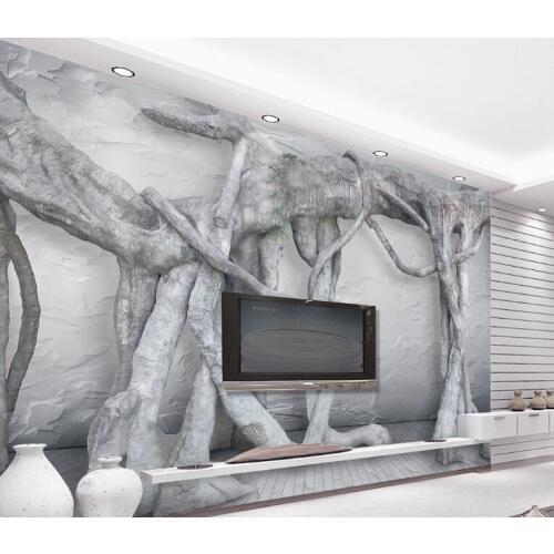 Bacal Black and white 3d three-dimensional grey art tree root art virgin forest TV background murals wallpaper for walls 3 D