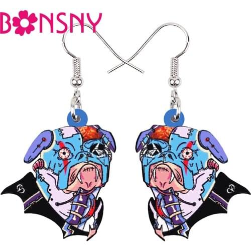 BONSNY Halloween Acrylic Horrror Blue Pug Dogs Earrings Fashion Long Drop Dangle Magic Charm Party Jewelry For Women Girls Gifts
