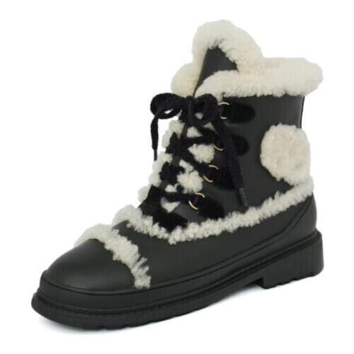 Moraima Snc Leather Fur Snow Boots Fashion Lace-up Ankle Boots for Woman Winter Warm Shoes Motorcycle Boots