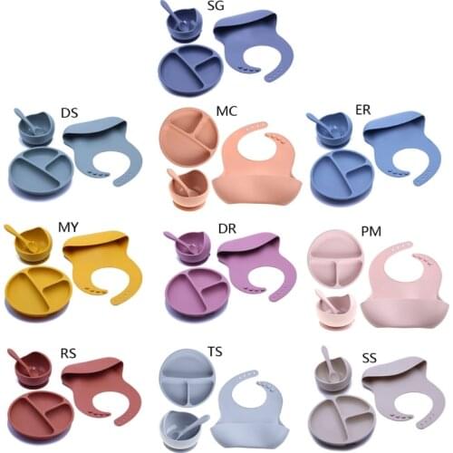 4pcs BPA Free Baby Silicone Tableware Waterproof Bib Solid Color Dinner Plate Sucker Bowl Spoon For Children