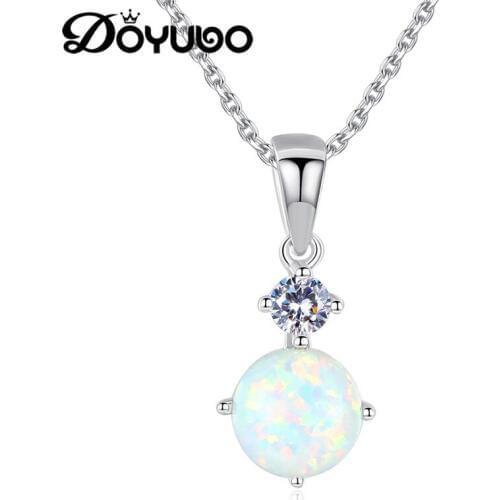DOYUBO Vintage Lady 925 Sterling Silver White Opal Charm Necklace 6MM Four Claw Opal Charms Fashion Pendant Chains Jewelry VA244