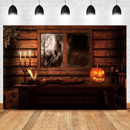 Halloween Eve Night Backdrop Vintage Old Wood House Pumpkin Gun Full Moon Branch Bird West Cowboy Scene Photography Background
