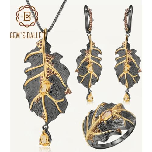 GEMS BALLET Georgia O'keeffe 925 Sterling Silver Natural Citrine Handmade Leaves Ring Earrings Pendant Jewelry Set For Women