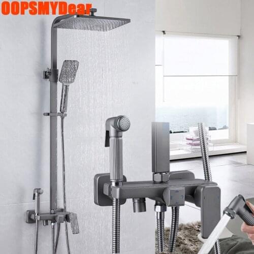 Hot Cold Shower Set Bathroom Wall Mount Grey Shower System Round Top Spray SPA Rain Fall Mixer Bath Faucet High Pressure Grifo