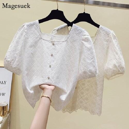 Cotton Linen White Shirt Women Puff Sleeve Square Collar Tops For Women Summer 2021 New Koeran Embroidery Ladies Blouses 15224