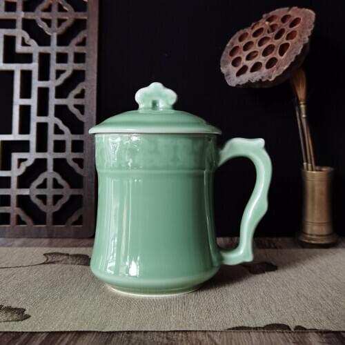 Coffee Mugs Teacups with Lid 15oz Porcelain Milk Cup Embossed with Dragon Ceramic Chinese Celadons Microwave and Dishwasher Safe