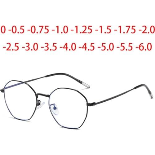 Polygon Metal Frame Blue Light Blocking Prescription Spectacles Women Shortsight Glasses Diopter 0 -0.5 -0.75 To -6.0