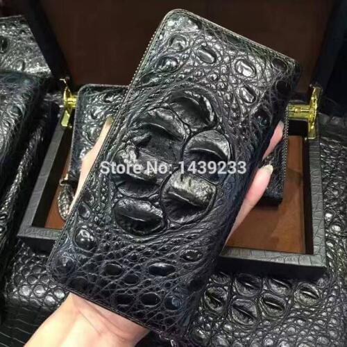 100% genuine crocodile head skin leather long size zip closure men wallet purse clutch bank card holder inner coin zip pocket