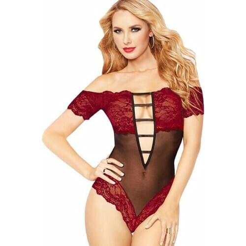 Sexy Lace Flat Shoulder Teddy Womens Sexy Erotic Lenceria Costume Sexy Off Shoulder Bodysuits Plus Big Size Teddy XXL
