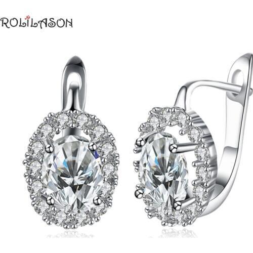 ROLILASON new White zirconia silver color Oval clip earrings for women gift JE1166