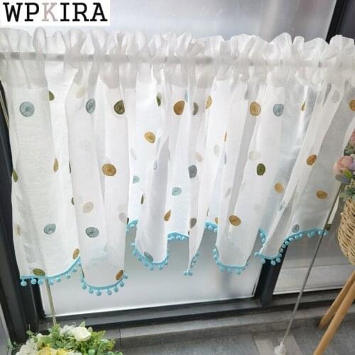 Modern Dots Blue Ball Tassel Bottom Short Curtain Small Window Kitchen Sheer Voile Half Drape Door Coffee Blinds 035A#D
