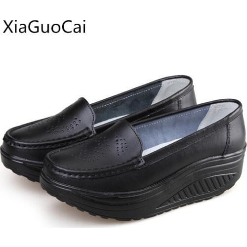 Spring platform women casual shoes slip-on genuine leather mother Shake shoes nurse wedges shoes x1092 35