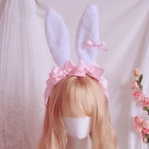 Japanese Lolita Headband Plush Bunny Ears Hair Hoop Sweet Big Bow Ribbon Bandana