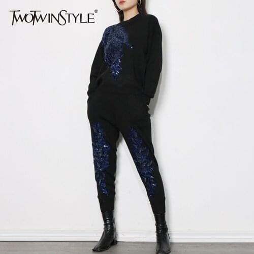 TWOTWINSTYLE Casual Patchwork Sequin Pants Suit For Women Round Collar Long Sleeve Foliage Pattern Tops High Waist Trouser Sets