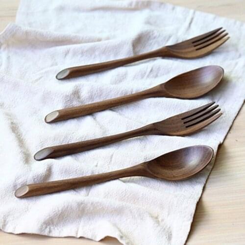 1Pcs Natural Black Walnut Wood Spoon Fork Dinner Eating Drinking Soups Poon Salad Fork Tableware Handmade Household Tableware