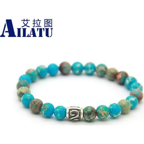 Ailatu Brand Jewelry Made by 8mm Sea Sediment Stone Beads with Siver Tube Bracelet Nice Gift for Men and Women